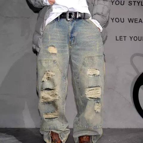 Men's Loose Fit Ripped Streetwear Denim Jeans, Vintage Washed High-Waisted Wide Straight Leg Pants, Casual Streetwear Fashion, All Seasons Wear
