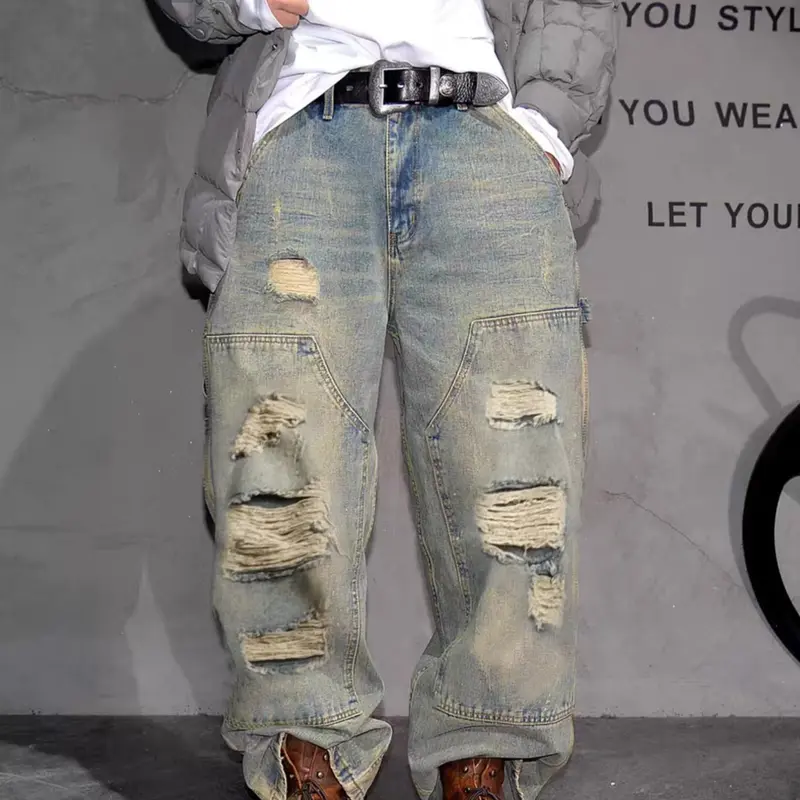 Men's Loose Fit Ripped Streetwear Denim Jeans, Vintage Washed High-Waisted Wide Straight Leg Pants, Casual Streetwear Fashion, All Seasons Wear