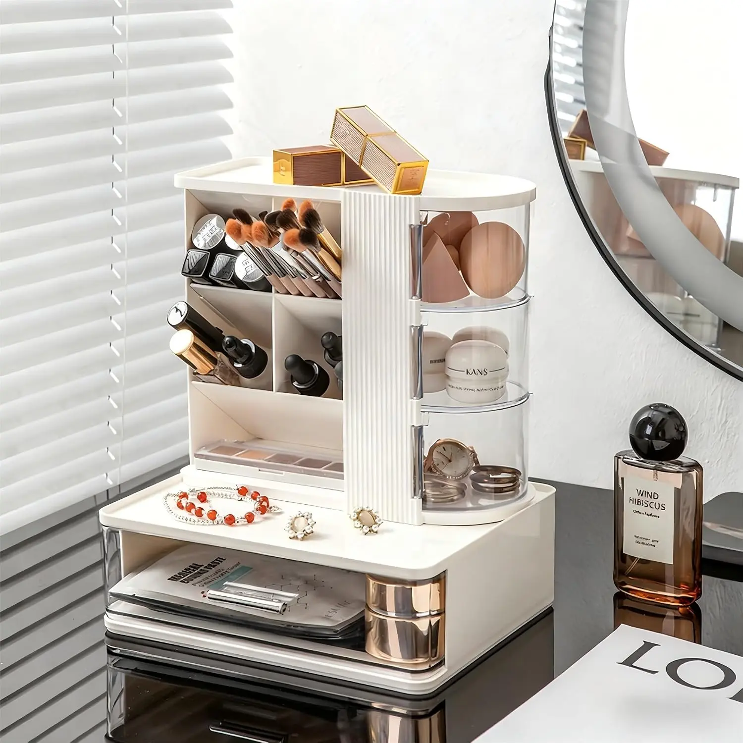 Makeup Organizer with 3 Rotating &  Drawers, Large Capacity  Storage Box with Makeup Brush Holder, Make up Organizers for , Dresser, Bathroom (White)