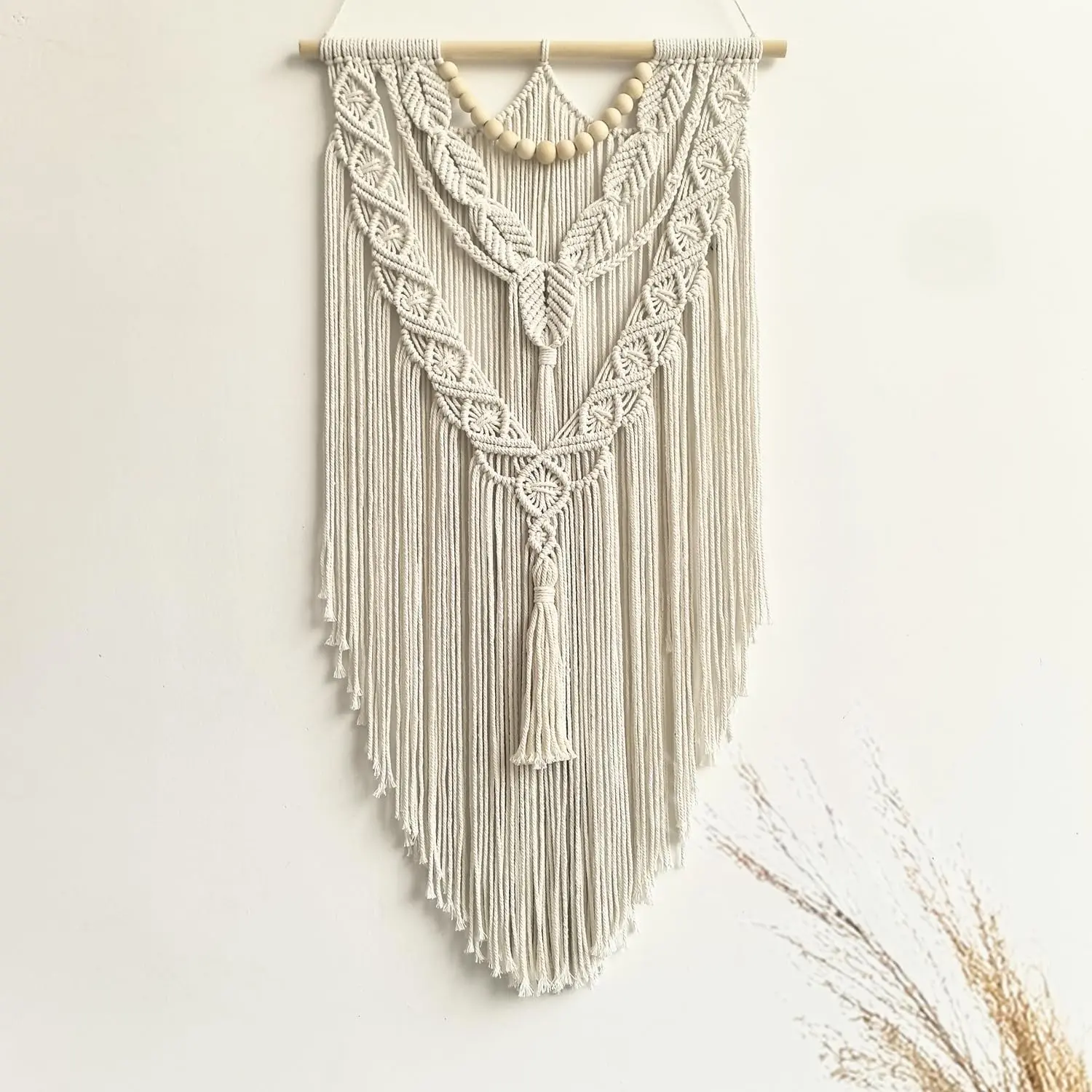 Handmade Cotton Rope Geometric Knit Macrame Wall Hanging - Boho Woven Tapestry with Wood Beads, Fringe Detail, Home Decor Items, Decor for Bedroom, Nursery Gift, 31.5x17in