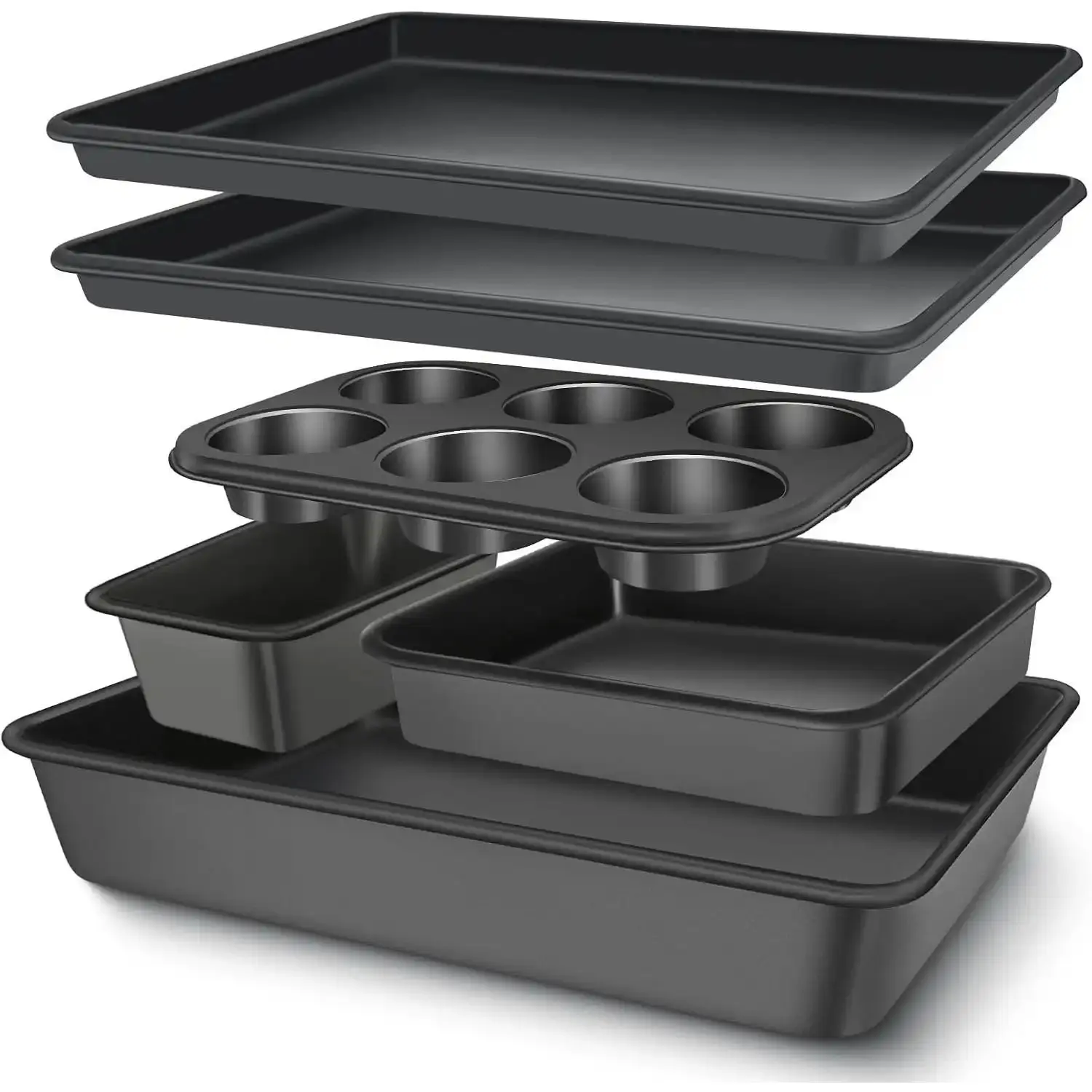 6-Pieces Stackable Nonstick Carbon Steel Kitchen Bakeware Set - Oven-Safe Baking Tray, Cookie Sheet, Deep Roaster Dish, Square Cake Pan, Loaf Mold, Muffin Cup Mold for Cooking