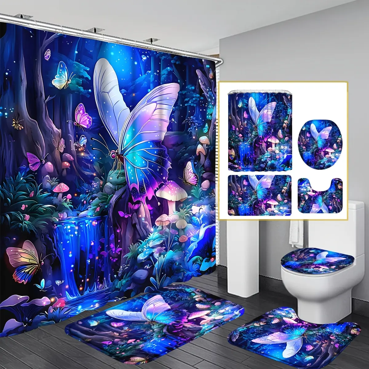 4-Piece dream blue forest pattern shower curtain set, magic forest butterfly mushroom printing bathroom full set, high-quality non-slip, including 12 hooks, floor mats, seat cushions, all-season bathroom decoration and accessories