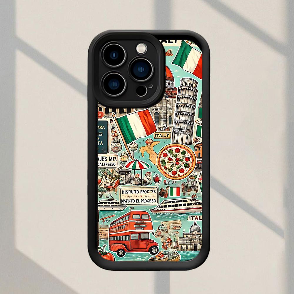 Italian - themed Travel Elements Pattern Phone Case Fashionable Popular Shock - Proof Anti - Fingerprint Full Coverage Thick Protective Soft Case Compatible with iPhone 17 E Air Pro ProMax iPhone16 15 14 Plus 13 12 Mini 11 X XS XR