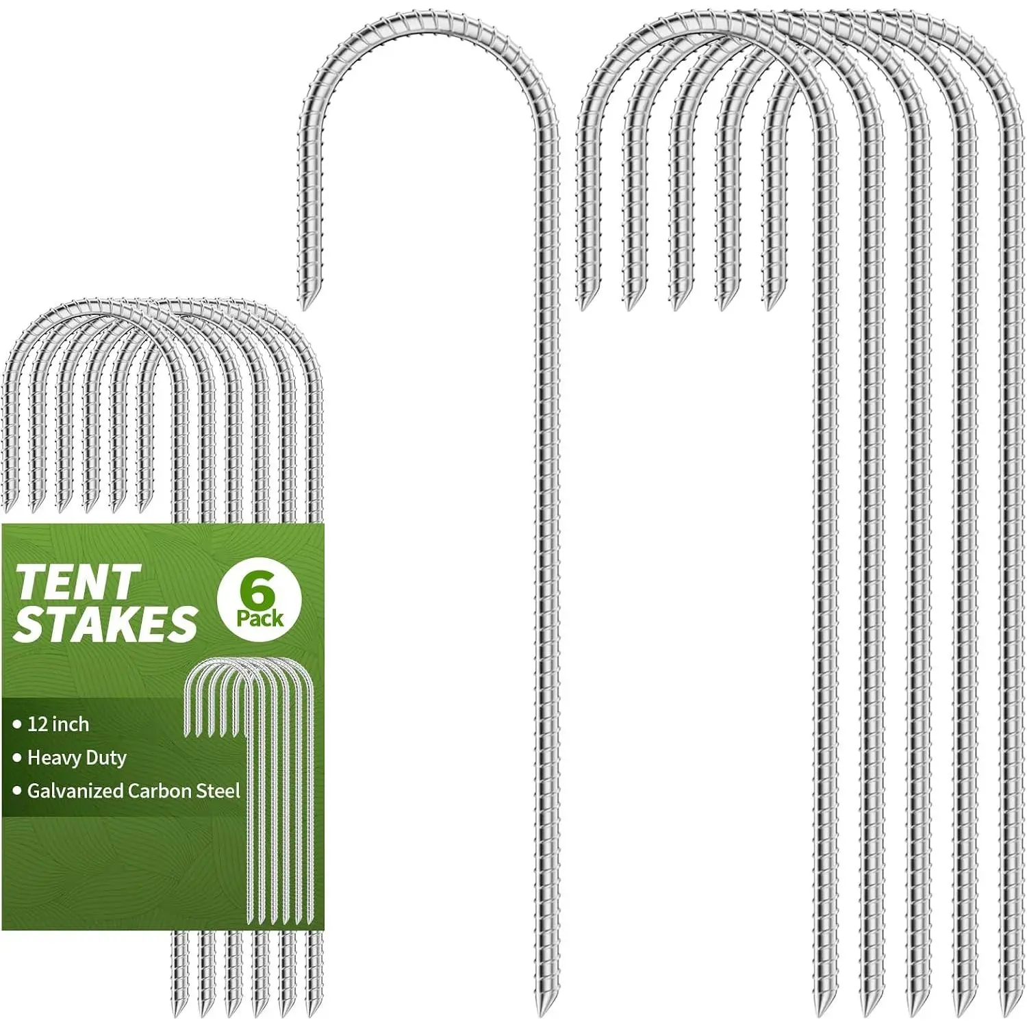 12 Inch Tent Stakes - Durable Galvanized Carbon Steel Trampoline Stakes, Garden Stakes with Thread Design for  Grip, Rebar Stakes for Beach, Outdoor, Grass, Garden (6 Pack)