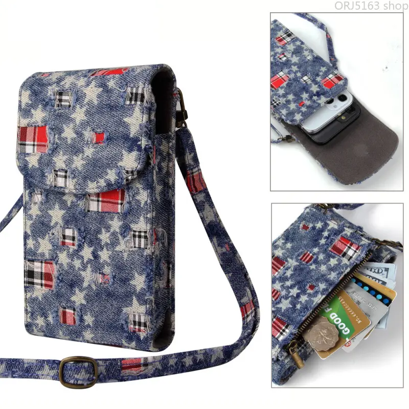Women's Distressed Denim 2-in-1 Phone Coin Purse Crossbody Bag - Casual Streetwear Style, Retro Look, Adjustable Shoulder Strap, Small for Daily Use,summer,,shoe,charm,