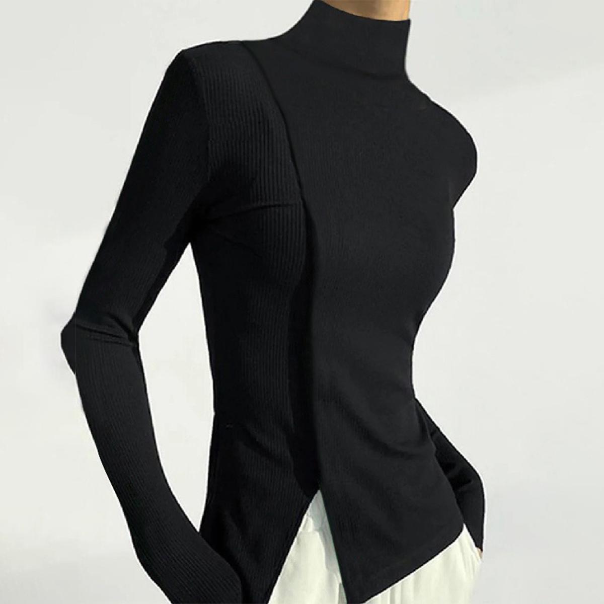 UOOZEE women's fashion casual tight solid color slit high collar sweater, simple and design sense, daily comfort, elastic fabric, comfortable and breathable, slim fit and figure showing Black Long Sleeve Basic Tops Knitwear outfits