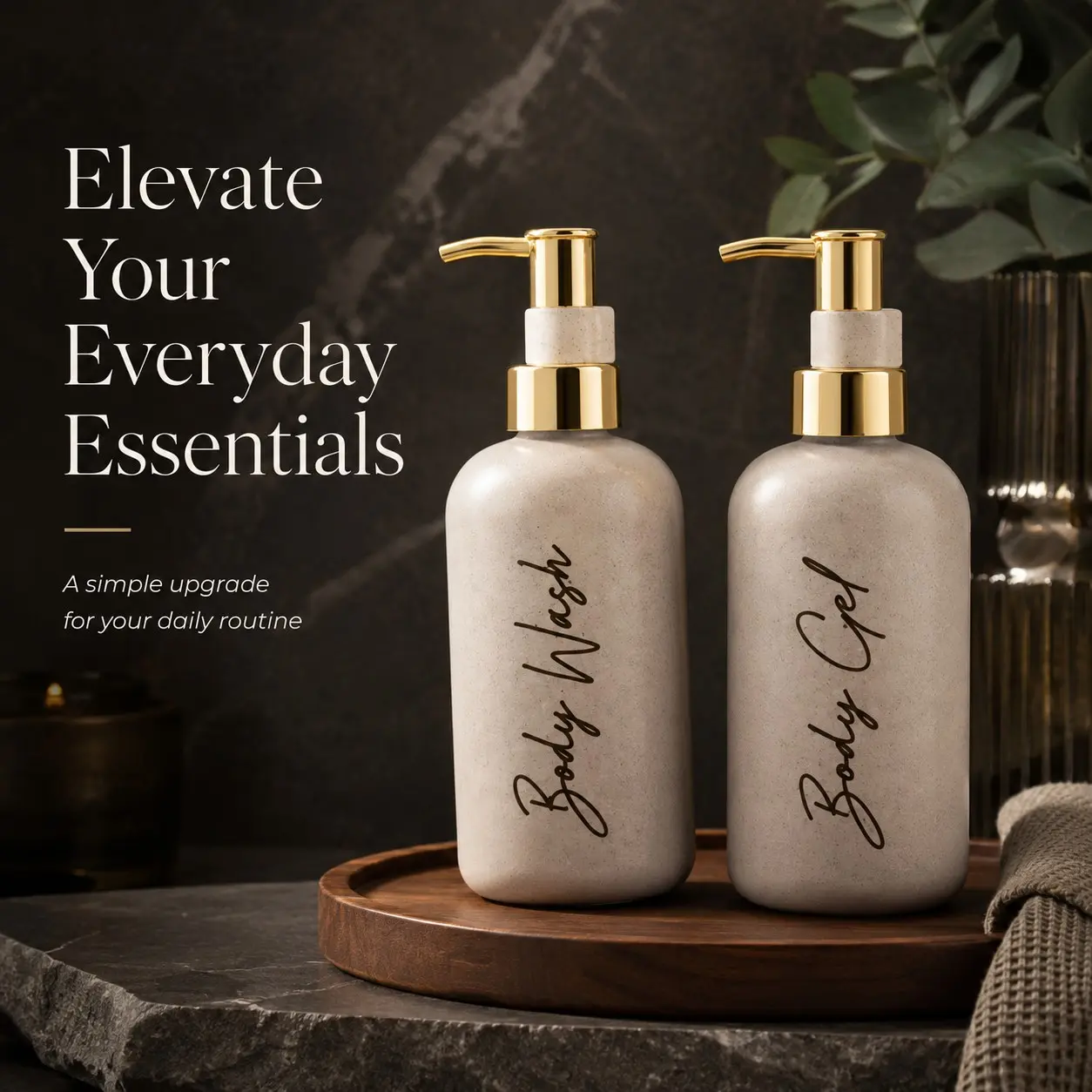 2 Pack 250ML Refillable Pump Bottles, Wheat Straw Round Shoulder Bottles with Pumps, Ideal for Shampoo, Body Wash, Bathroom Vanity