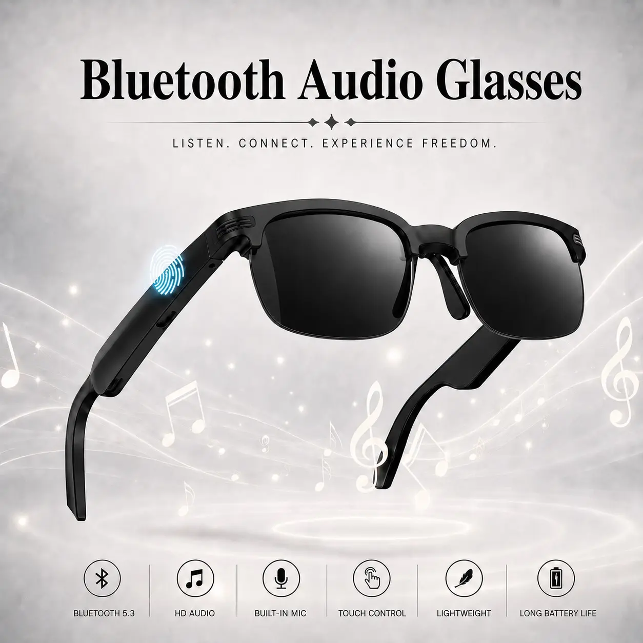 Smart Bluetooth Glasses,Open-Ear AudiomHands-Free Call Music ,Touch Control，Voice Assistant,Built in Speakers,UV Blue Light Proection,Lightweight for Driving Cycling Outdoor Travel Daily