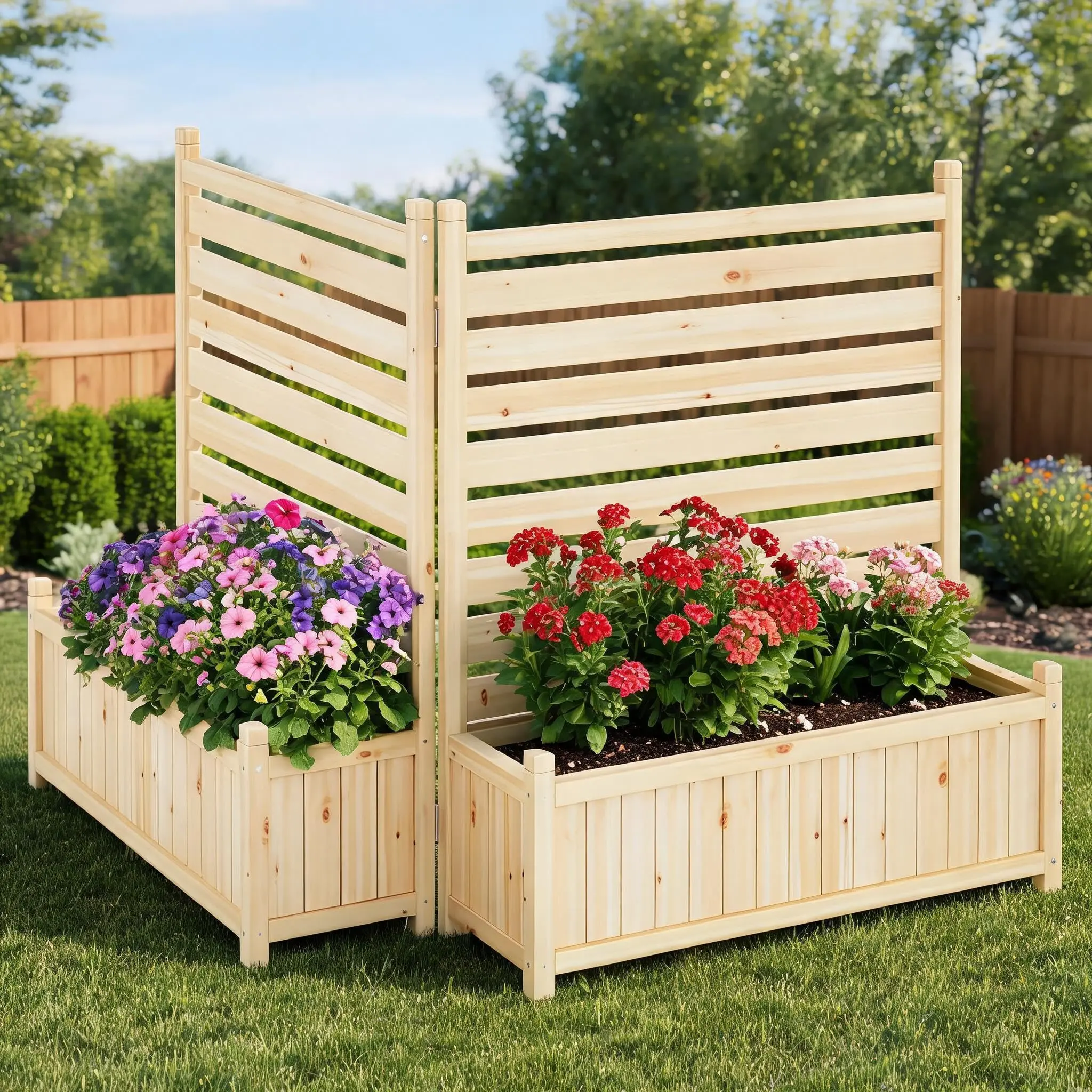 GARVEE Outdoor Wood Privacy Fence Panels with Planter Box, 33x40 Inch Air Conditioner Screen, Ideal for Backyard, Patio, Pool Equipment, and Outdoor Privacy