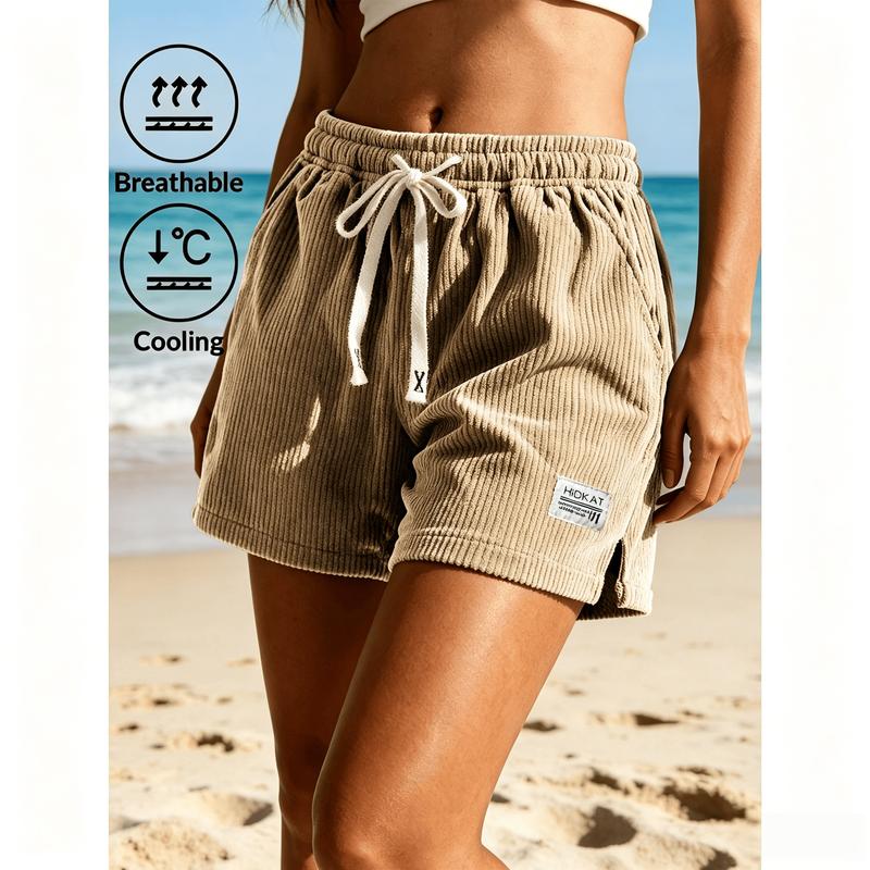 Women's Fitted Solid Color Corduroy Sports Shorts - Female Clothing, Leisure Wear, Normal Type, Polyester Ribbed Fabric, Sporty Chic Casual, Summer Wear, Machine Washable, Do Not Dry Clean, for Daily Leisure Summer Vacation