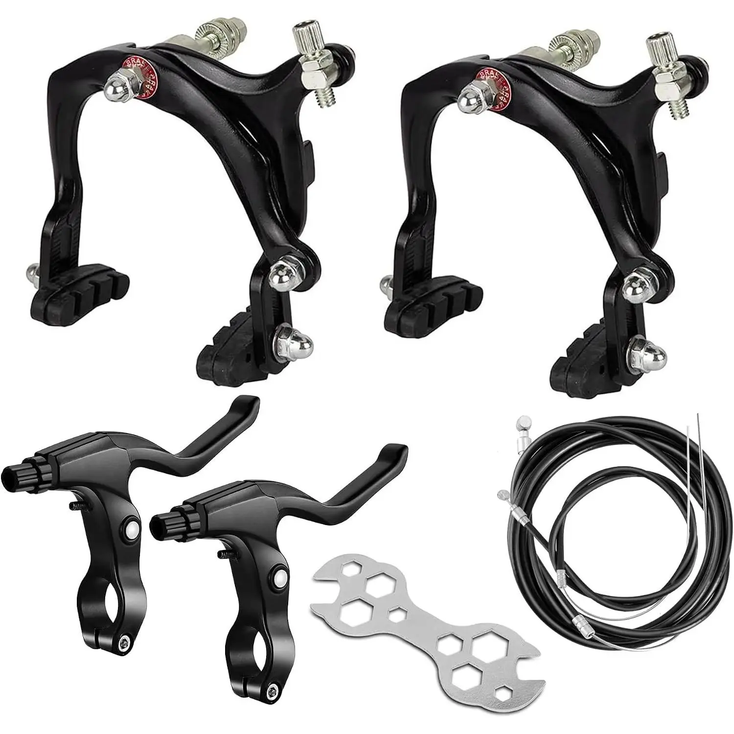 Front and Rear Bicycle Brake Calipers Set 65-79mm Long-Reach Kit with Brake Pads, Levers and Cables for Road, MTB, BMX Bikes - Black