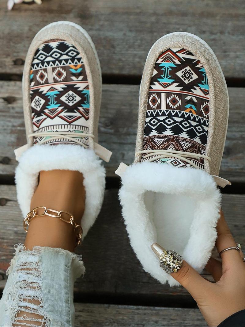 Women's Lace Up Low Top Colorblock Ethnic Pattern Sneakers, Casual Warm Sports Shoes for Winter, Female All-match Round Toe Shoes for Daily Wear