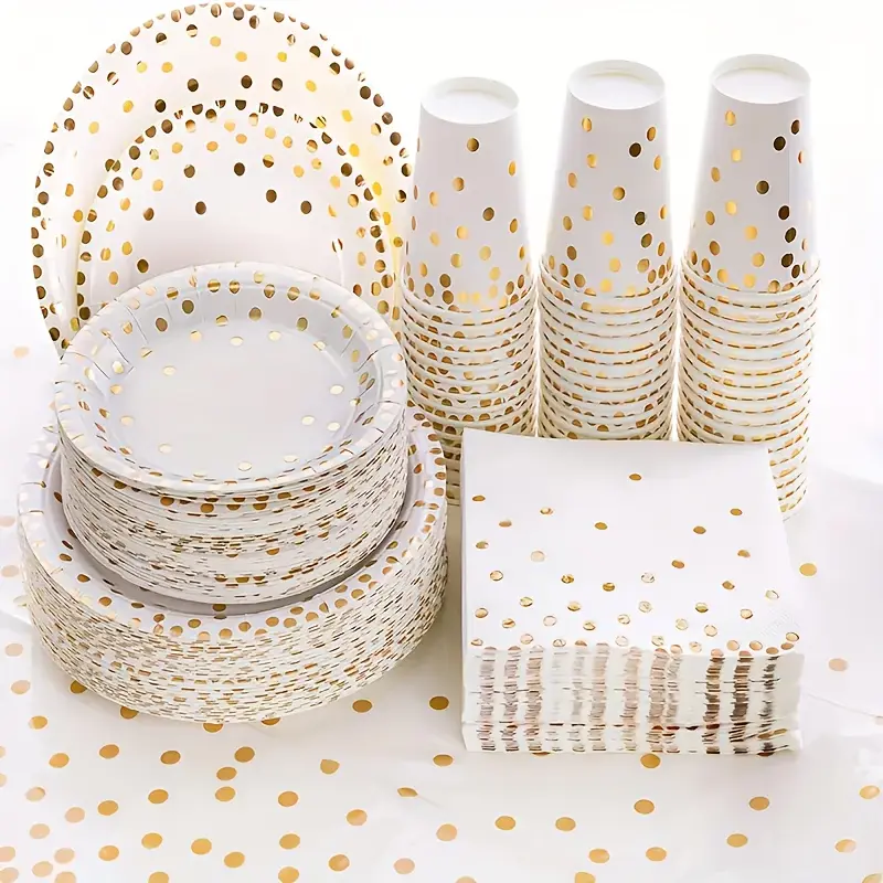 68-piece white and gold birthday party supplies set, including white paper plates with gold dots, napkins, and cups, designed for engagement parties, weddings, bachelorette parties, baby showers, and birthday celebrations, suitable for single-use