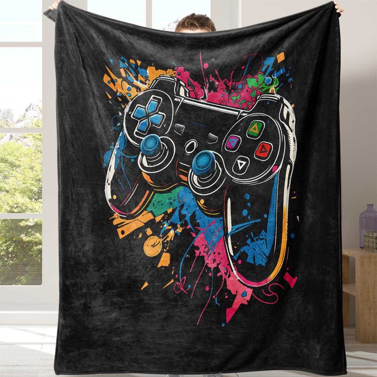 Game Controller Pattern Flannel Blanket with Storage Bag, 1 Count Soft Lightweight Breathable Comfortable Throw, Versatile Use Warm Cozy Lounging Napping Blanket for Home Office, Throw Blankets