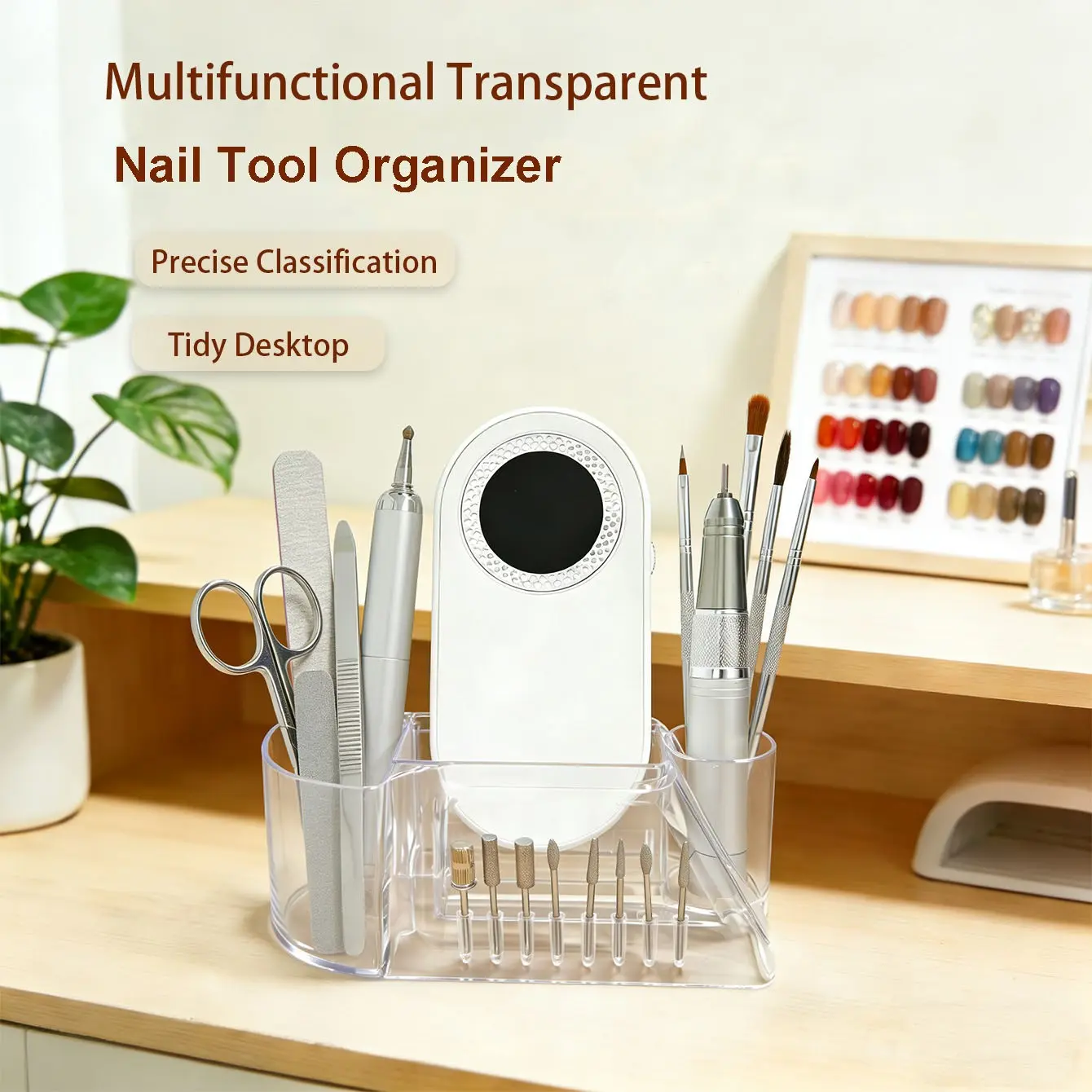 Clear Nail Tool Organizer, Shockproof Wear Resistant Nail Drill Bit Storage Holder, All-in-One Nail Art Supplies Desktop Caddy for Nail File, Brushes, Polish, Manicure Pedicure Salon Station Storage Box, Office Desk Organizer, Durable Organizers