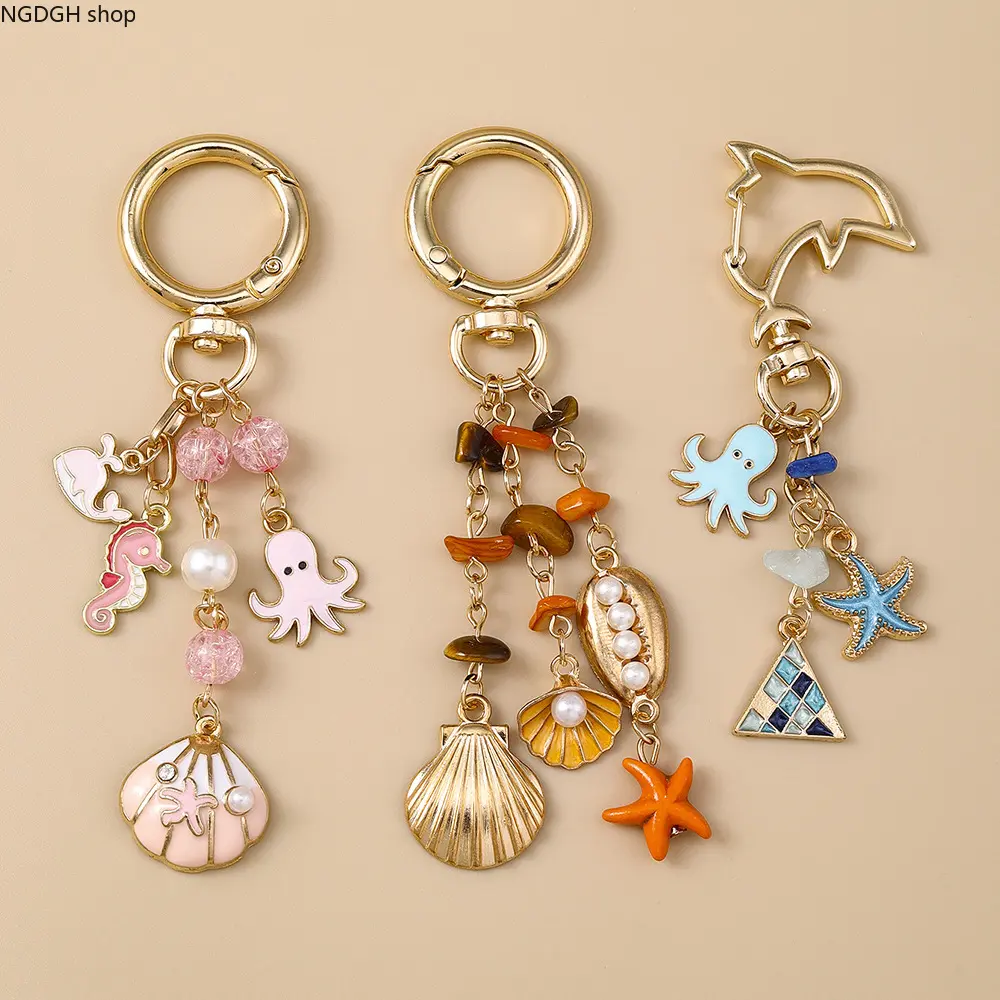 Ocean‑Theme Enamel Keychain Bag Charm, Octopus Seahorse Starfish Shell Dangle Pendant, Colorful Natural Stone Beaded Key Ring, Golden Metal Clasp for Purse Backpack Summer Beach Party Gift