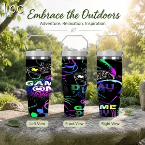 1pc 30oz/40oz Neon Game On Game Controller Stainless Steel Insulated Tumbler （30oz with Foldable Handle）Large-capacity with straw water bottle, Full Wrap Gamer Graffiti Print Travel Mug, E-Sports Gift for Teen Gamers