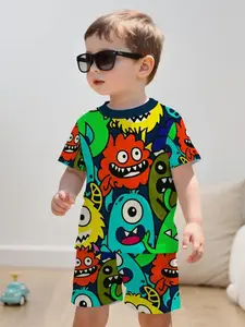 Boys' Summer Colorful Monster Print Short Sleeve Set, Casual Fitted Shorts, Asymmetrical Design, All over Print, Natural Waist, H-Type Silhouette