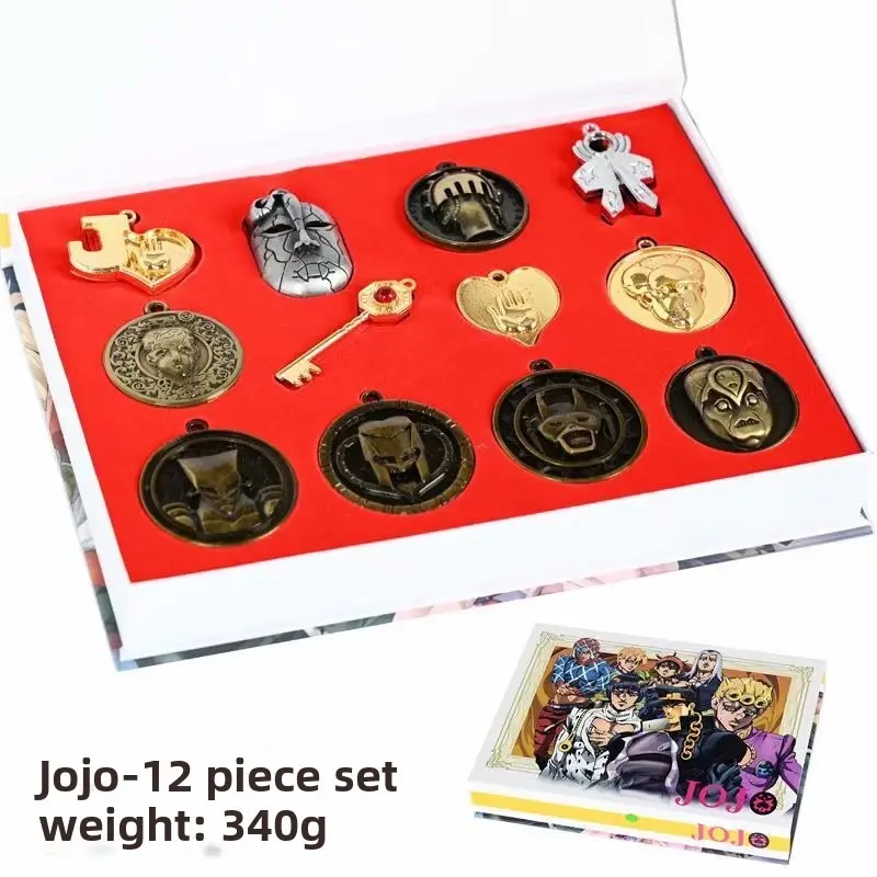 JoJo's Bizarre Adventure Unisex 12-Pcs Zinc Alloy Metal Pendant Set - Arrow Stones, Stone Mask, Killer Queen Cosplay Charms, Collection Box, Anime Style Jewelry (Necklace, Keychain) - Gift Ideas for Fans, Birthday Present