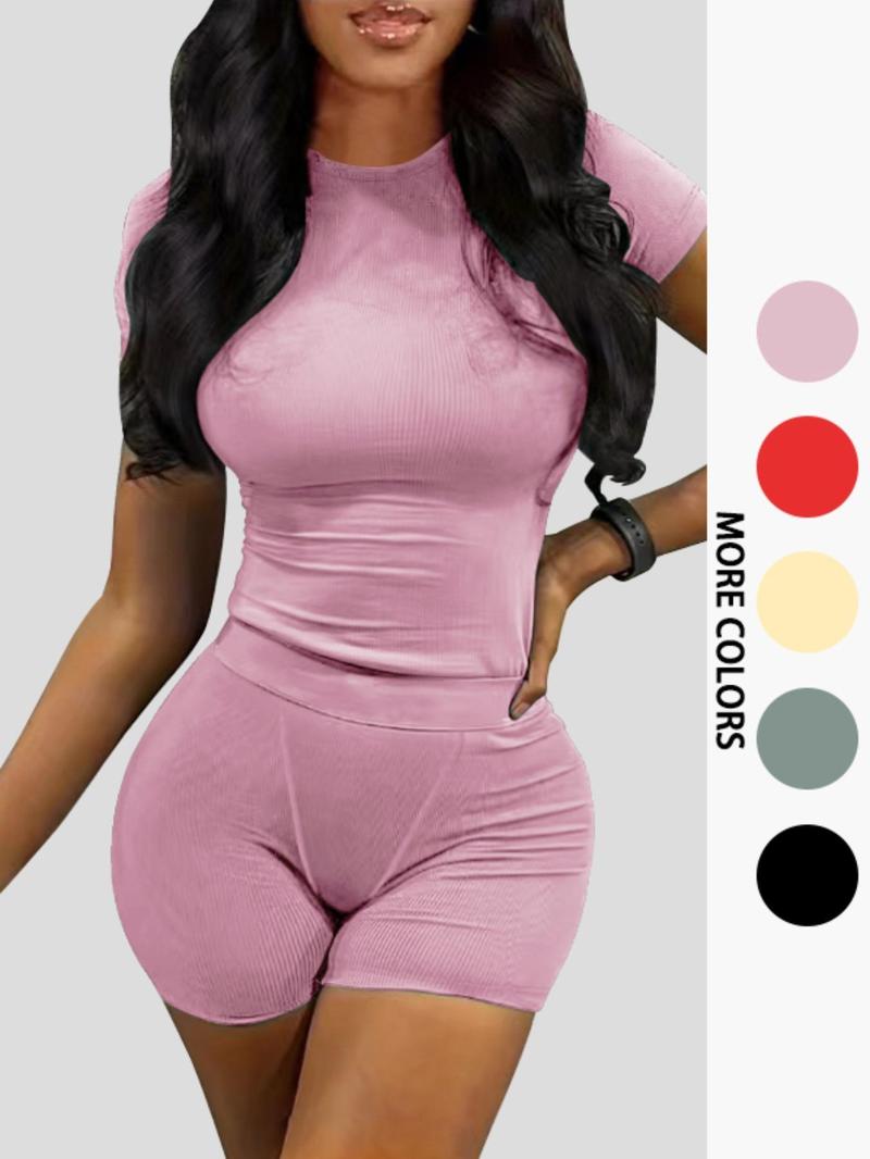 Women's Solid Ribbed Top & Skinny Shorts Set, Casual Comfy Round Neck Tee & Shorts For Yoga Gym Workout, Ladies Summer Clothes, Casual Activewear