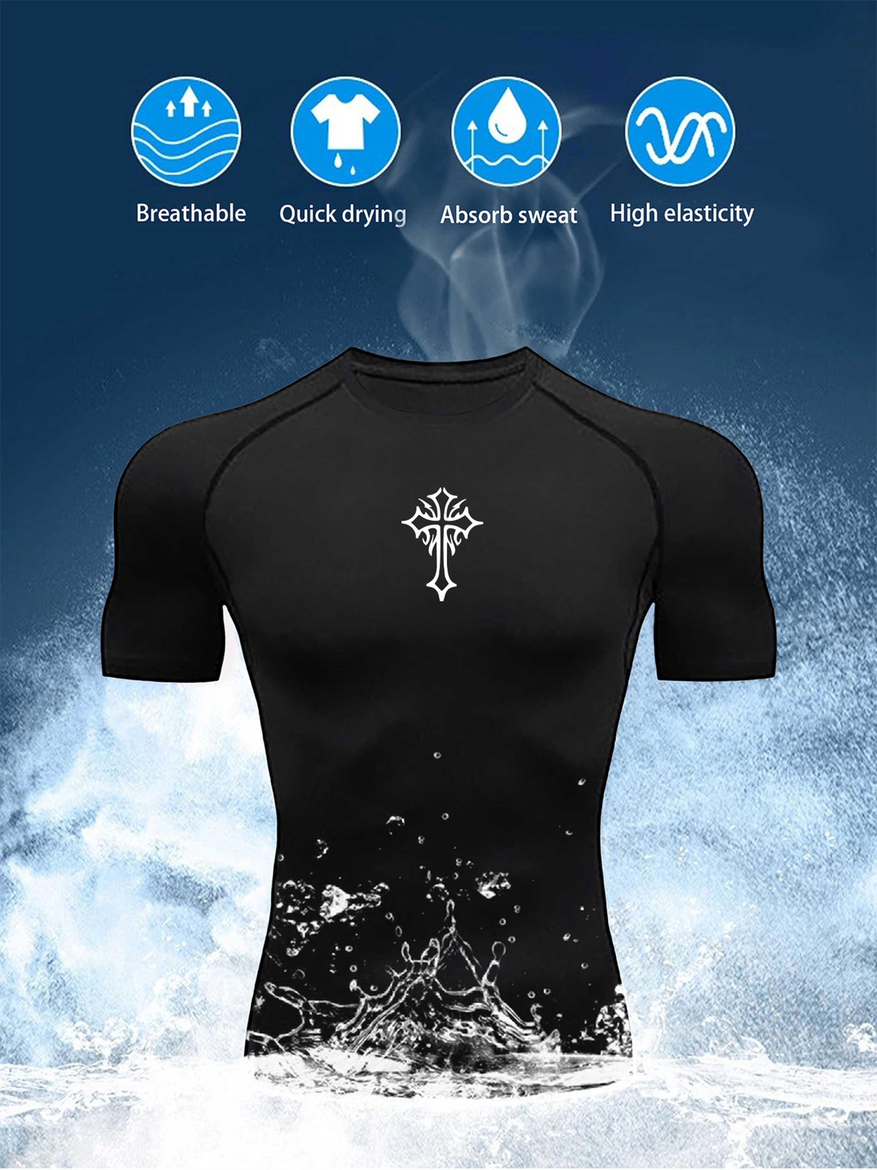 New cross-print men's compression T-shirt, men's sports tight-fitting T-shirt, men's gym running black quick-dry T-shirt for fitness and sports, breathable, high elasticity, quick-dry