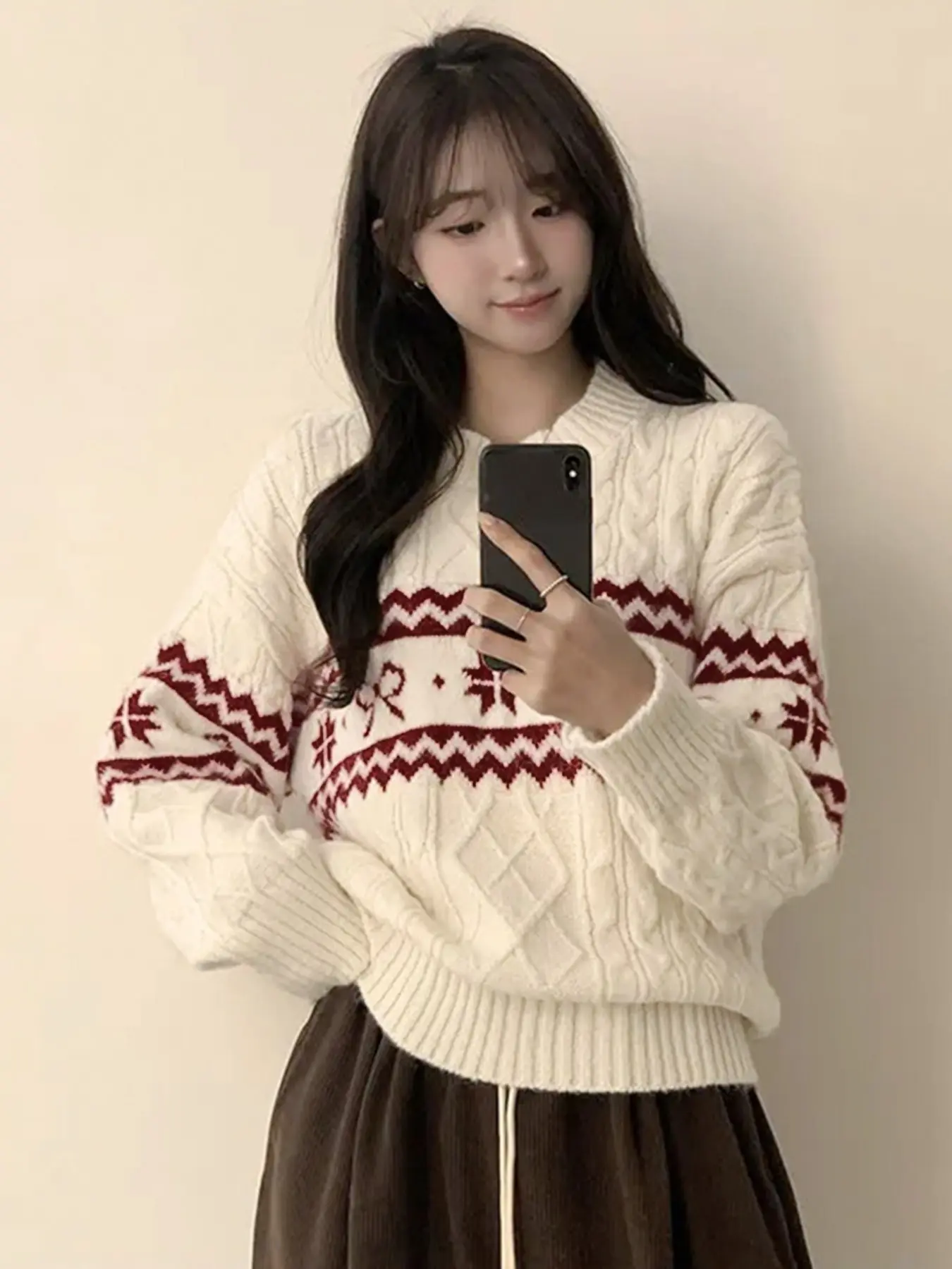 New Fashion Korean Style Round Neck Long Sleeve Sweater, Geometric Pattern, Loose Fit, Casual Knit Top for Office and Outing