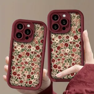 Vintage-style burgundy floral drop-resistant phone case (full-coverage camera protection) / Minimalist / Drop-resistant. Compatible with iPhone 17 Pro Max / 16E / 15 Plus / 14 / 13 Mini / 12 / 11.