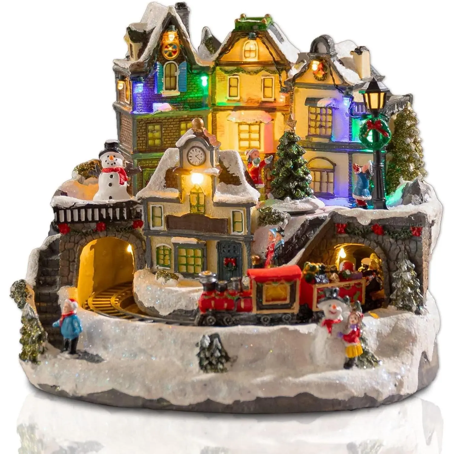 Afirst Christmas Village & Train Figurine Set - Lighted Scene, Moving Trains, Rotating Xmas Tree, Musical Light-Up House, USB-Powered Indoor Holiday Decorations