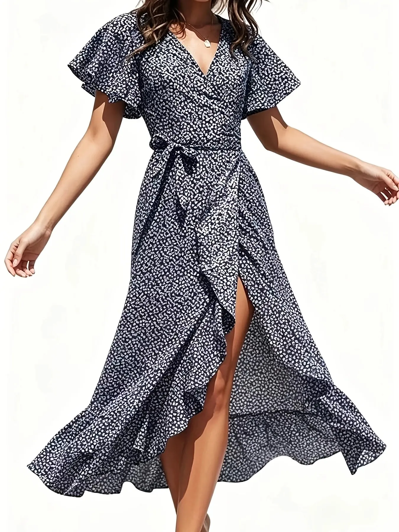 Summer New Women's French Polka Dot Wrap V Neck Long Dress, Casual Split Bell Sleeve Tie Waist Ruffle Beach Dress, Slimming Asymmetrical Hem Style