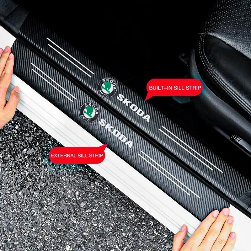 5pcs Skoda Pattern Car Threshold Protection Stickers, Carbon Fiber Style, Scratch-Resistant, Suitable for All Vehicles, High-Quality Vinyl
