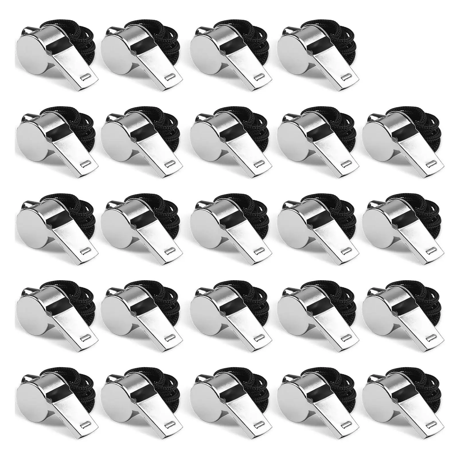 24 PCS Stainless Steel Sports Whistles with Lanyards - Very Loud Metal Whistles for Coaches, Referees, Lifeguards, Officials & Teams - SilverGift