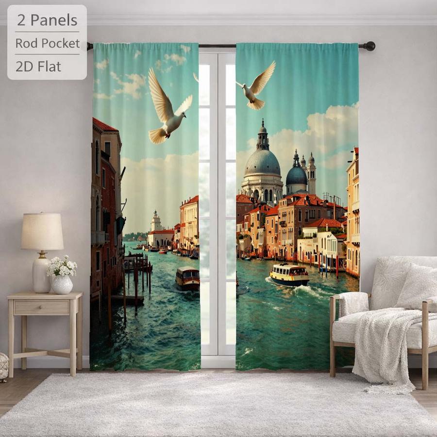 2Pcs Scenic Venice Cityscape Birds Pattern Sun Blocking Curtains Digital Printed Rod Pocket, Window Treatment For Bedroom Office Kitchen Living Room Study Home Decor