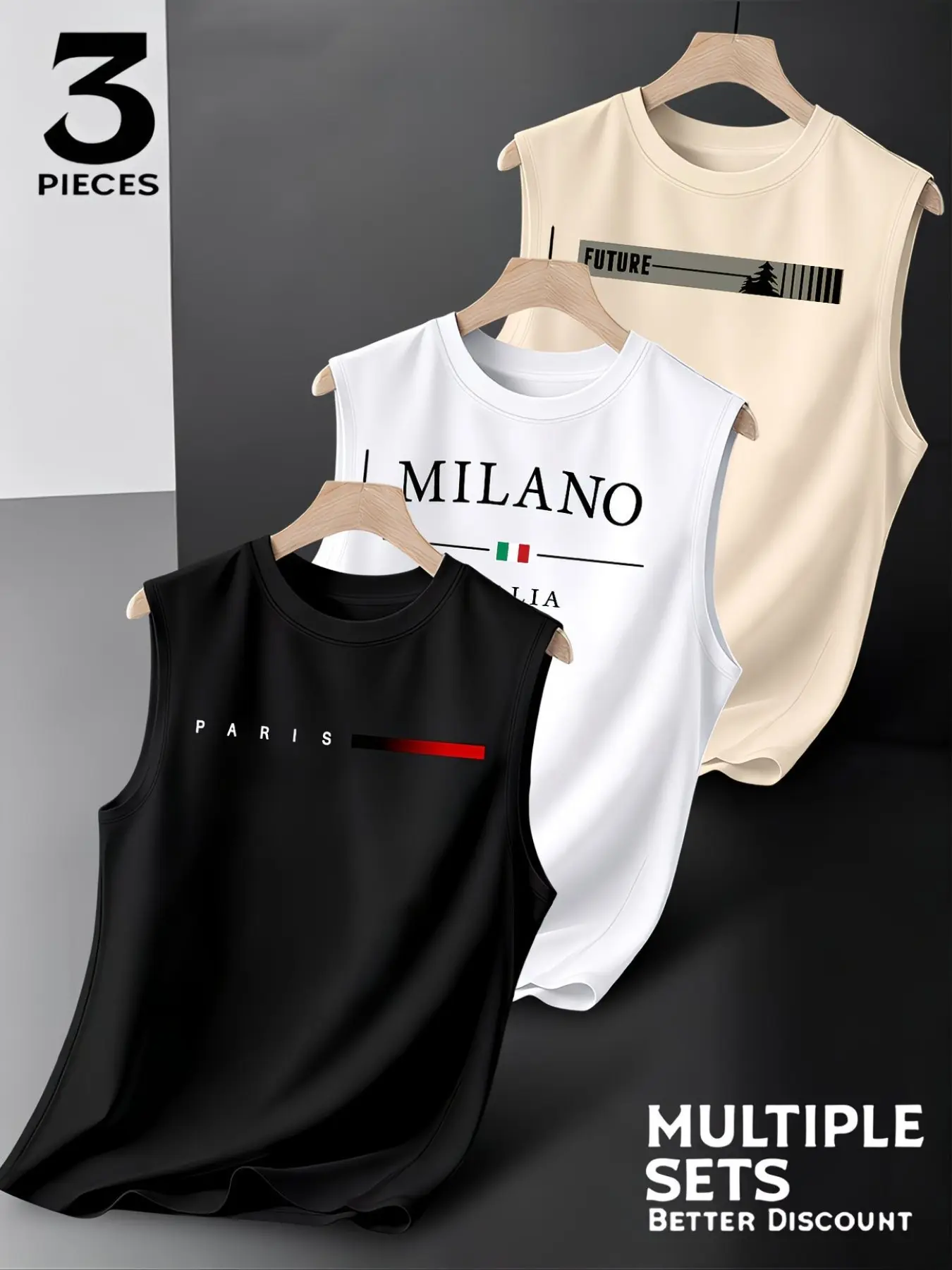 Three-Pack Sleeveless Tank Tops, Breathable Sweat-Wicking Men's Casual Loose-Fit Sportswear, Fall & Winter Urban Letter Print