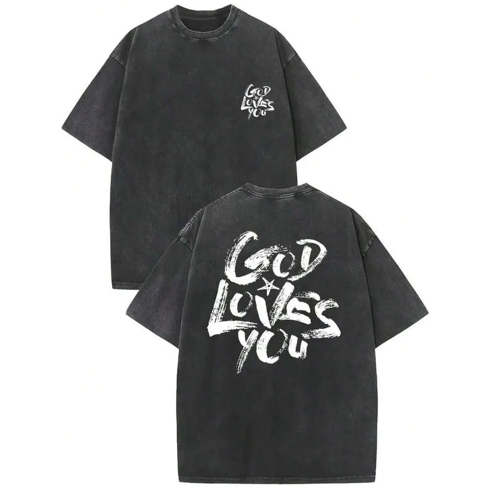 Summer thick 230GSM pure cotton T-shirt for men and women - vintage street style T-shirt, with the distressed "God Loves You" print on the chest, double-stitched