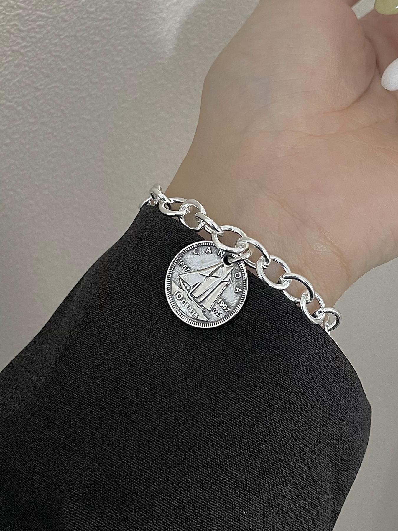 S925 Sterling Silver Vintage Queen Coin Design Bracelet with Pendant, Fashionable Chain Bracelet for Women & Girls, Trendy All-match & Exquisite Jewelry for Birthday Gift, Charm bracelets