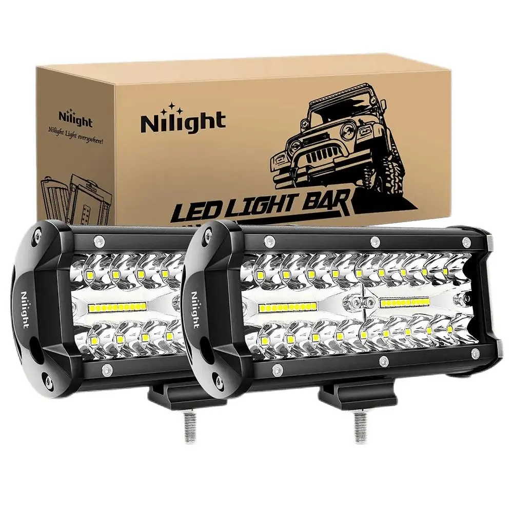 Nilight 6.5 in 120W Power Triple Row Spot-Flood LED Bar Light Pair, Aluminum Alloy Construction, Slide Mount, Enhanced Illumination for Automotive & Motorcycle Use, Spot/Flood Combo