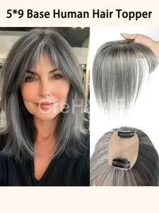 Real Human Hair Topper Wig Pieces, Women's Hair Cover, Breathable Invisible Hair Extensions, Human Hair Replacement Blocks, Inner Net 5x9 Grey Balck White Blonde Topper