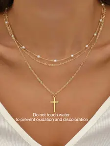 Golden Stacked Pearl Cross Necklace - Exquisite Artificial Pearl Multi Layer Women's Necklace, Halloween Christmas Gift, Daily Stacked Fashion Accessories (Do not touch water to prevent oxidation and discoloration)
