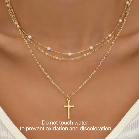 Golden Stacked Pearl Cross Necklace - Exquisite Artificial Pearl Multi Layer Women's Necklace, Halloween Christmas Gift, Daily Stacked Fashion Accessories, Cross Necklace Chain (Do not touch water to prevent oxidation and discoloration)