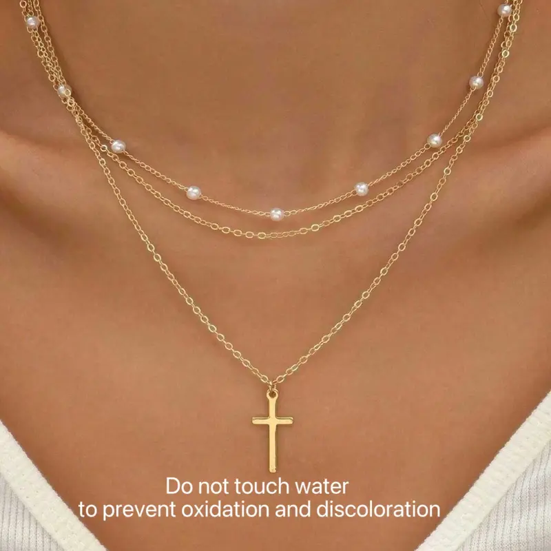 Golden Stacked Pearl Cross Necklace - Exquisite Artificial Pearl Multi Layer Women's Necklace, Halloween Christmas Gift, Daily Stacked Fashion Accessories, Cross Necklace Chain (Do not touch water to prevent oxidation and discoloration)