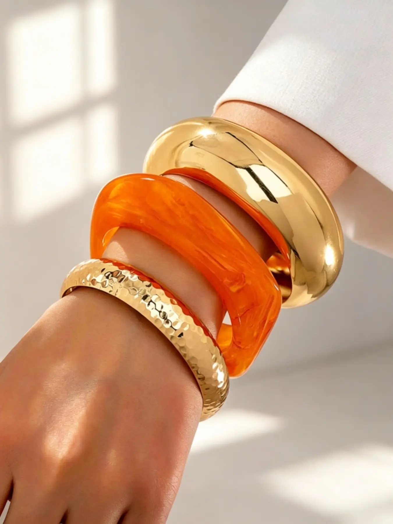 3pcs Punk Style Bracelet Set, Y2K Bangle, Hammered Metal & Resin Bracelets, Stackable Women's Jewelry, Casual Fashion Accessory, Chunky Stackable Bracelets