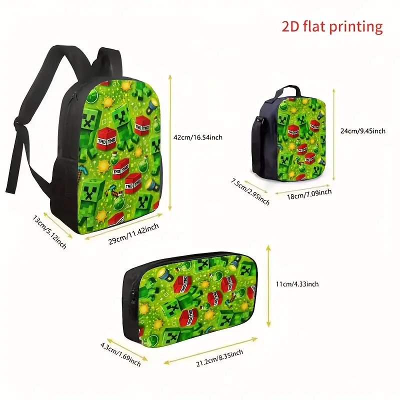 1/2/3-Piece Set: Pixelated Creeper-Pattern Backpack (2D flat print), Lunch Bag, and Pencil Case. Lightweight, high-capacity travel backpack suitable for school, work, travel, and casual or professional use; includes laptop compartment. Functional design w