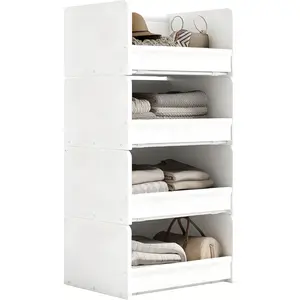 4-Tier Stackable Closet Organizers and Storage, Closet Shelves – Heavy-Duty Stackable Closet Darwers Wood & Metal, Easy Assembly, Space-Saving,White, Patent Design