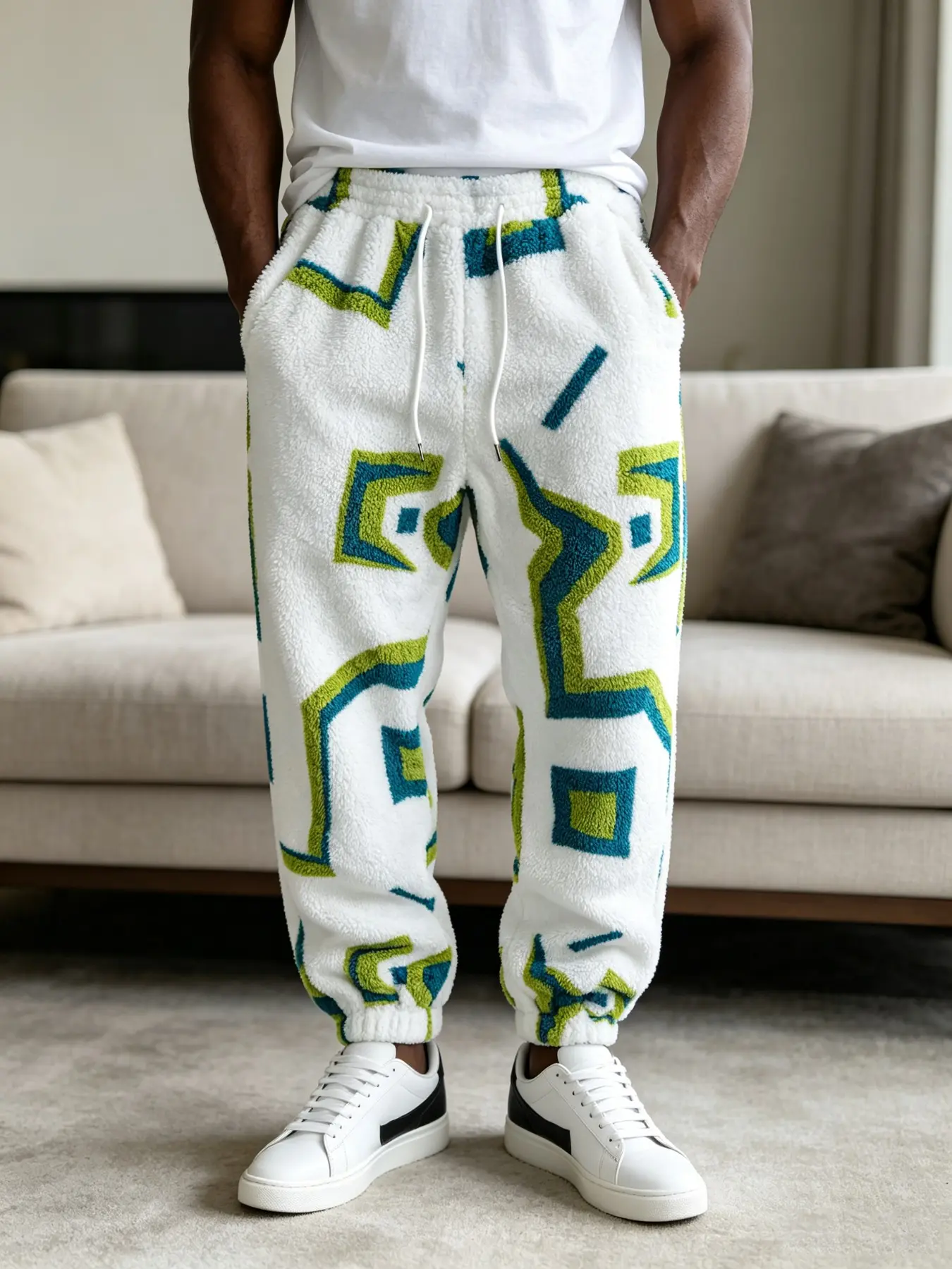 Men Geometric Print Fluffy Fleece Jogger Pants, Soft Plush Drawstring Sweatpants, Side Pockets, Winter Loungewear, Casual Daily Wear