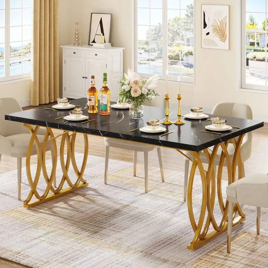 Modern Dining Table 4-6, 63" Large Rectangular Table With Faux Tabletop And Gold Legs, Unique Dinner Table & Dining Room Furniture