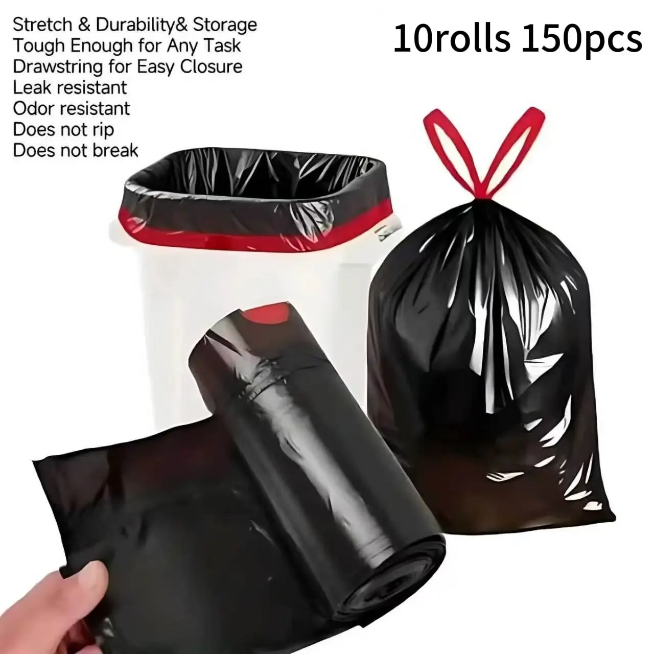 10 Rolls 150 Drawstring Kitchen Trash Bags, Automatic Closure, Leak-Proof Odor-Control, Fits Various Bins, Ideal for Home Use