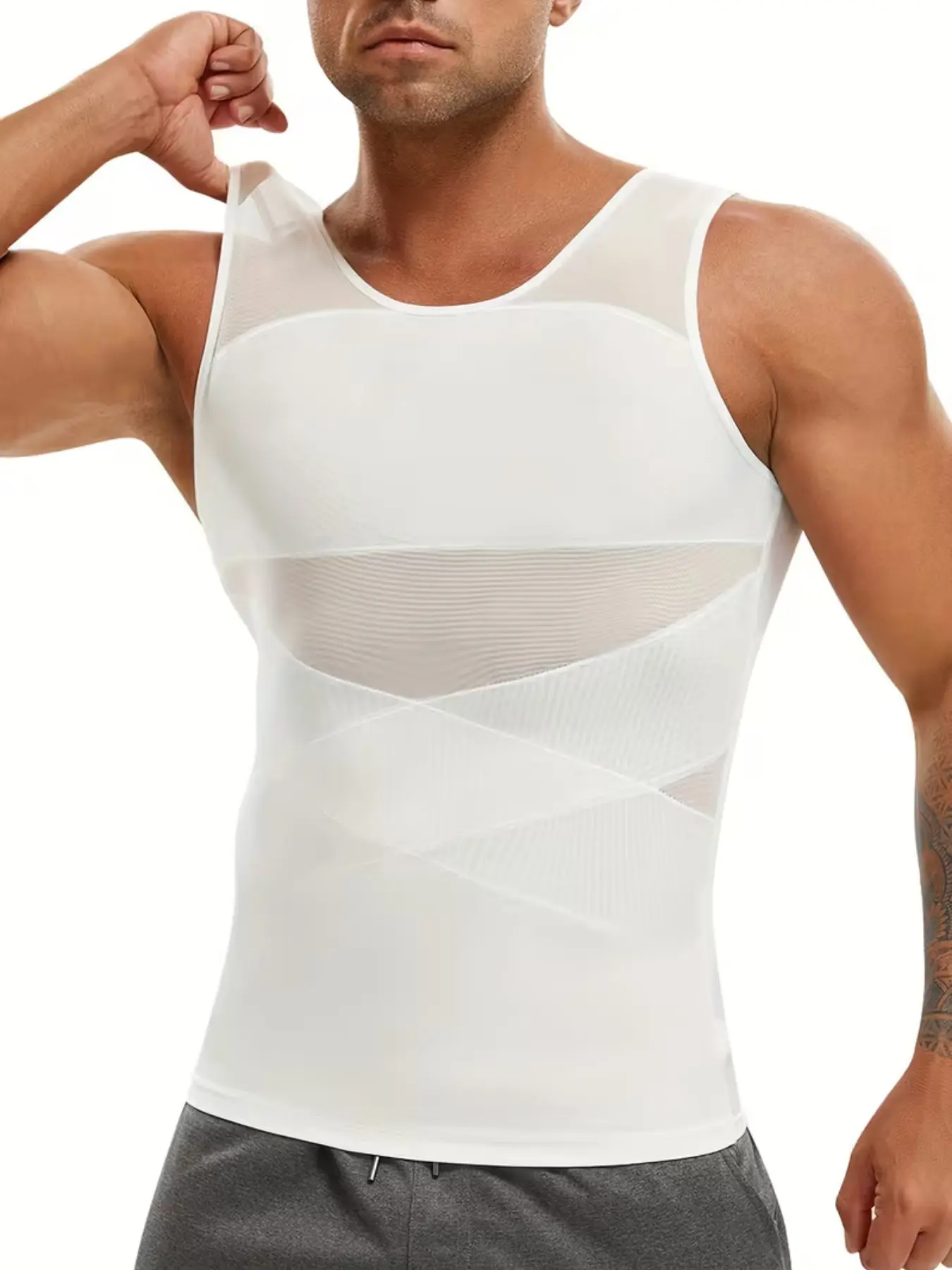 Men's Breathable Mesh Sleeveless Tummy Control Vest, Fitness Workout Vest, High Stretch Compression Tank Top For Posture Alignment, Lightweight Athletic Undershirt, Ideal For Gym, Running, Training