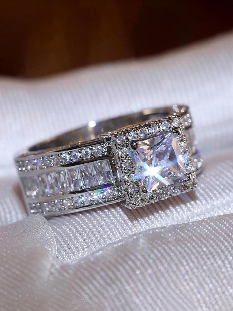 Elegant Rhinestone Decorated Geometric Design for Women, Exquisite Trendy Engagement & Wedding Ring, Chic Gorgeous Jewelry As Gift for Girlfriend, Cluster Stone Engagement Ring