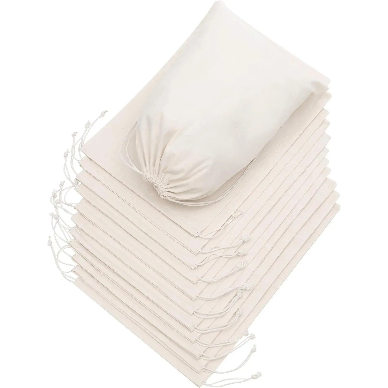 100% Cotton Muslin Drawstring Bags (10x15 Inch - 12-Pack) Large Natural Unbleached Beige Fabric Storage Pouches for Clothes Produce Bulk Items Laundry Travel Gifts