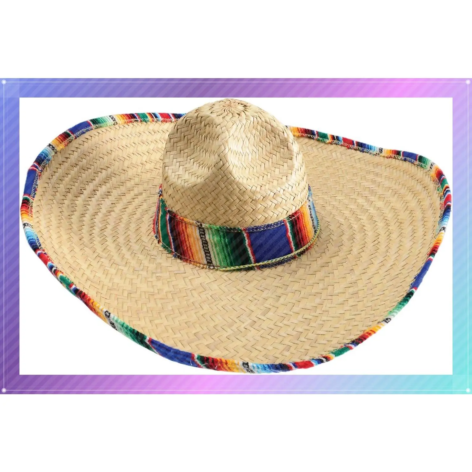 Mexican Sombrero Hat with Serape Trim, Adult Size, 21" Wide Straw Hat for Cinco de Mayo Costume HeadwearGift